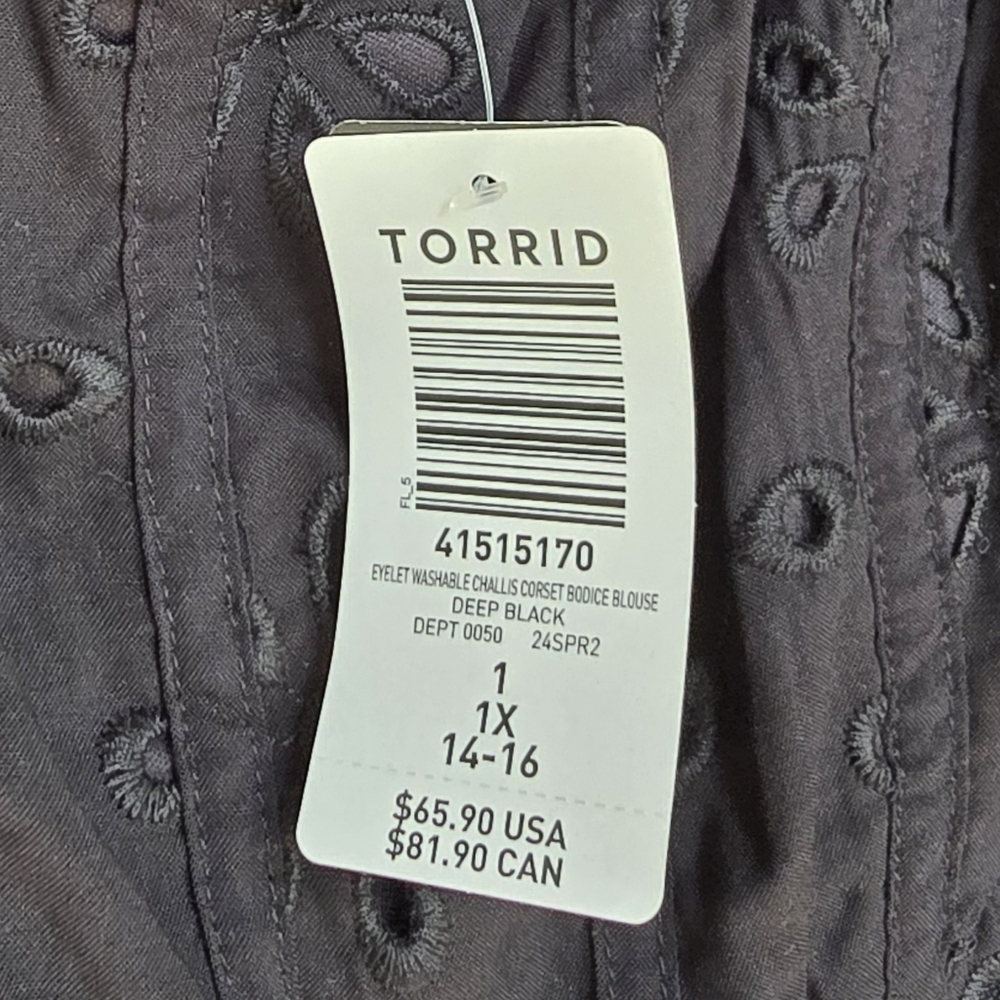 NWT TORRID Babydoll Eyelet Challis Black Short Sleeve Blouse Size 1X 14-16 - Picture 16 of 16